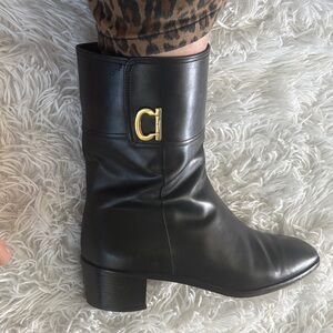Salvatore Ferragamo Vintage Black Leather Mid-Calf Boot with Signiture Emblem